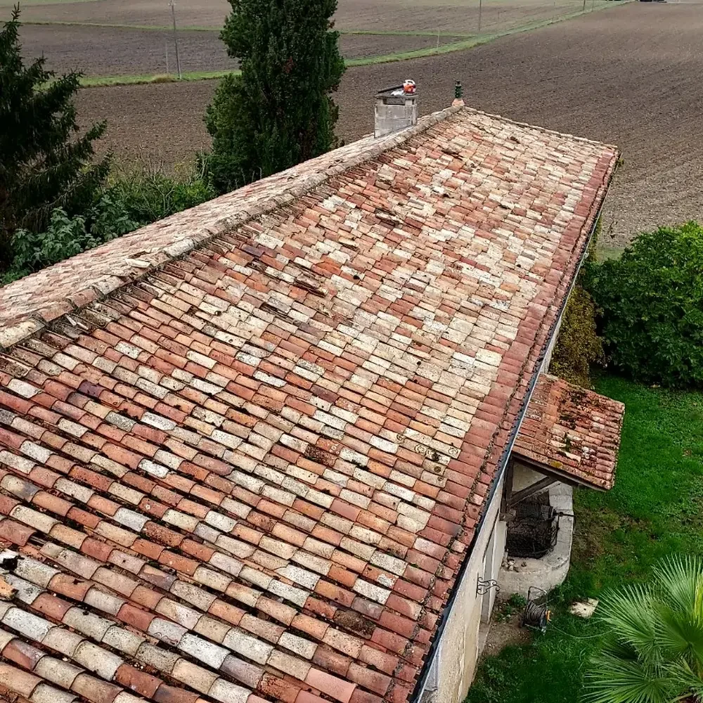 Toiture en tuiles avant démoussage, chantier réel Toiture Cognacaise