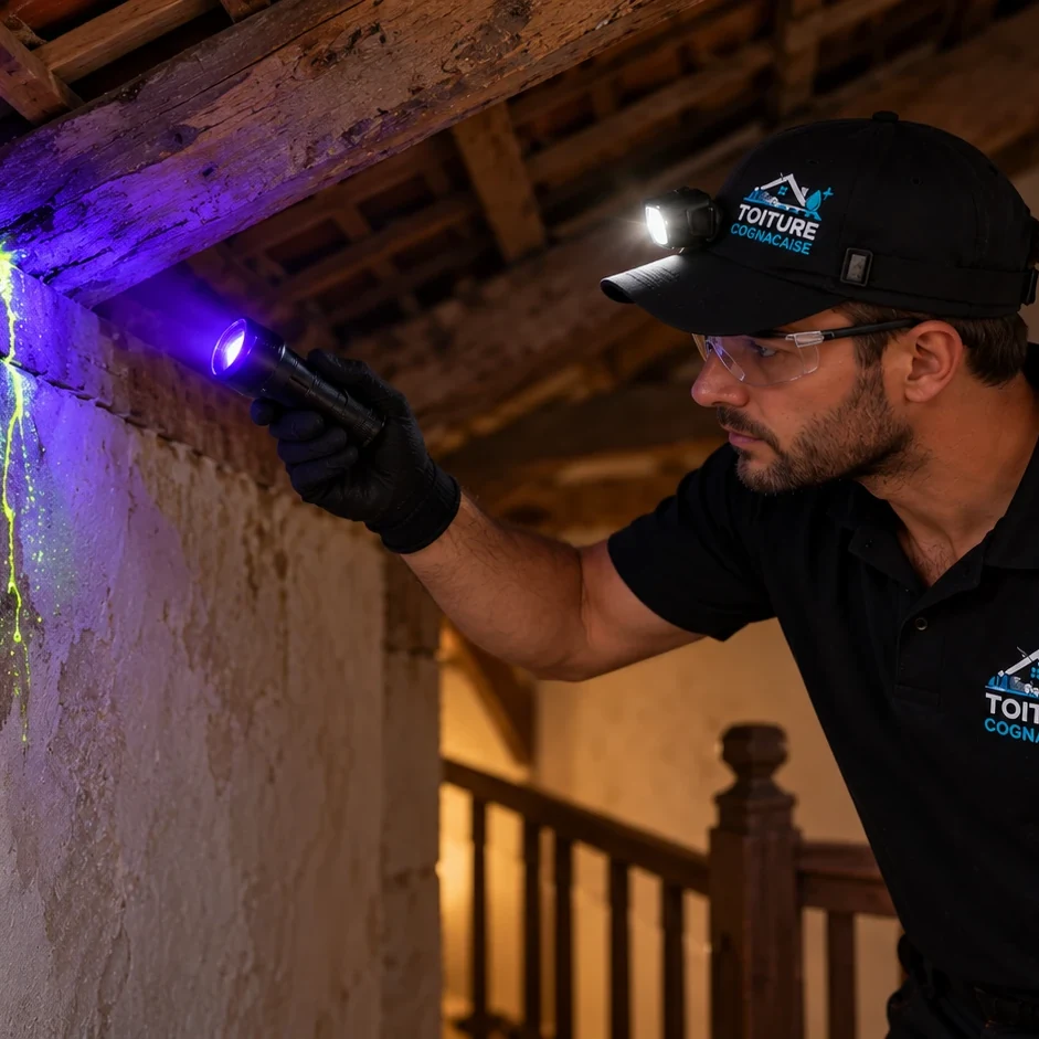 Recherche d’infiltration dans les combles avec traceur fluorescent et lampe UV