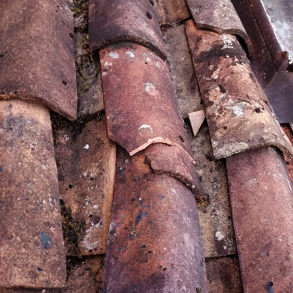 Tuile cassée sur une toiture ancienne